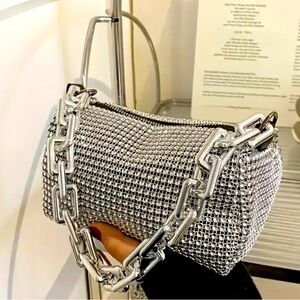 New - Unique - Glamified Crossbody Evening Bag with Chain Straps - Silver